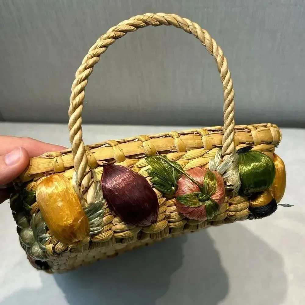 Vtg Woven Straw Lined Basket with 3D Fruit on Sides Phillipines Handmade Boho